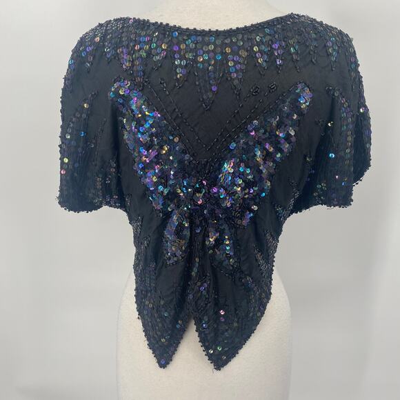 Vintage 80s Silk Beaded Sequined Butterfly Top V Neck Pullover Cropped Black M - Picture 6 of 9